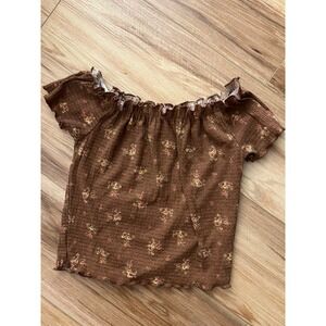 Brit & Bri Med Brown Floral Off Shoulder Smock Ruffle Crop Top Cowgirl Festival